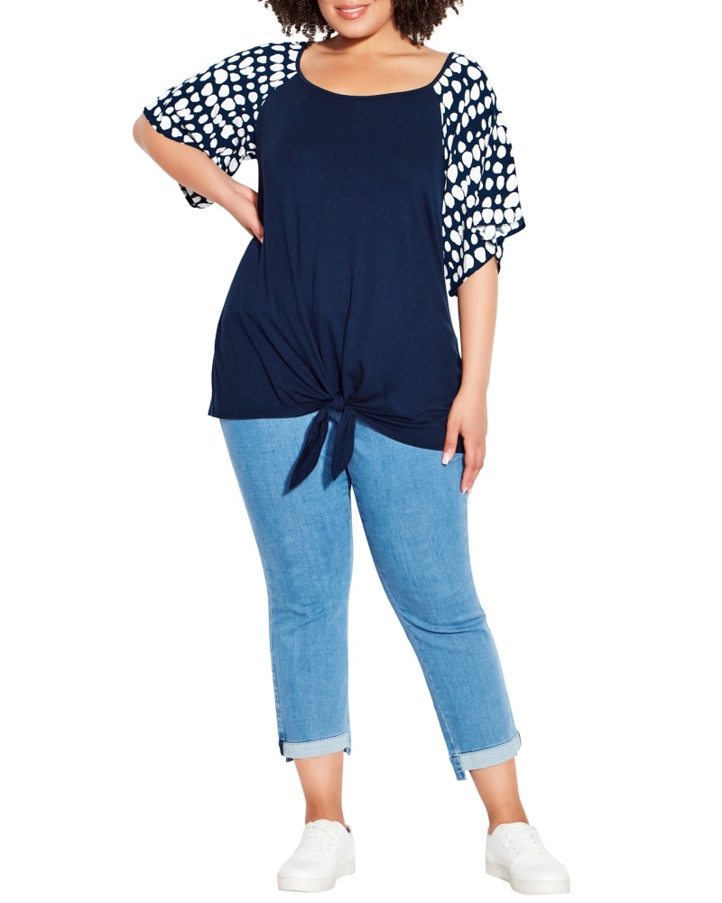 Front of a model wearing a size 14 Gemma Tie Front Top in Navy / White by Evans. | dia_product_style_image_id:209881